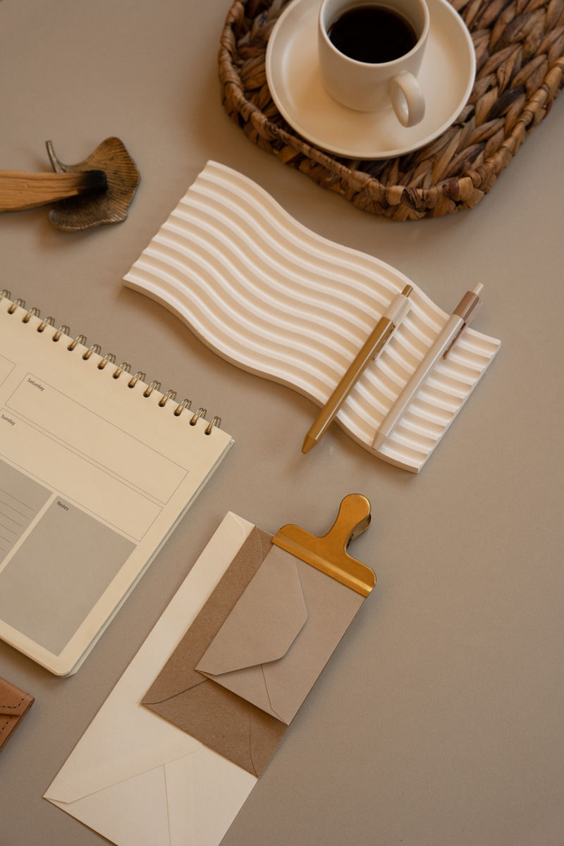 Elegant Office Flatlay of Office Supplies and Gadgets